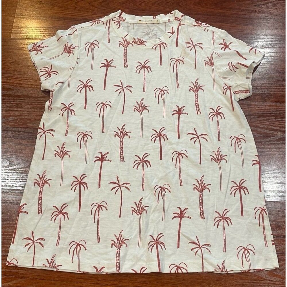 MARINE LAYER SWING CREW TEE WHITE PALM PRINT SZ SMALL
